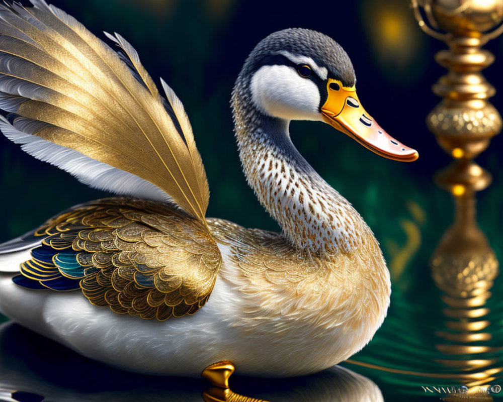 Intricately designed digital art: Golden-feathered duck with gold object on dark green background