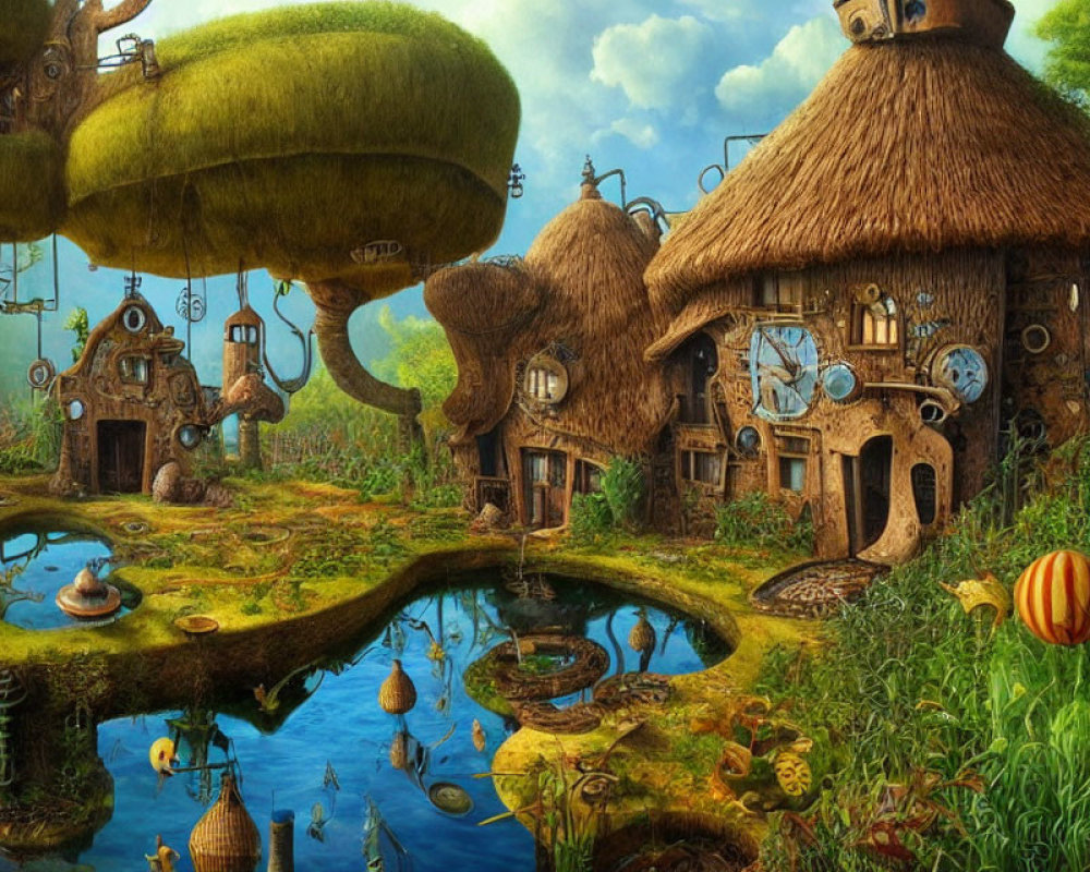 Whimsical fantasy landscape with floating islands and gear-driven contraptions