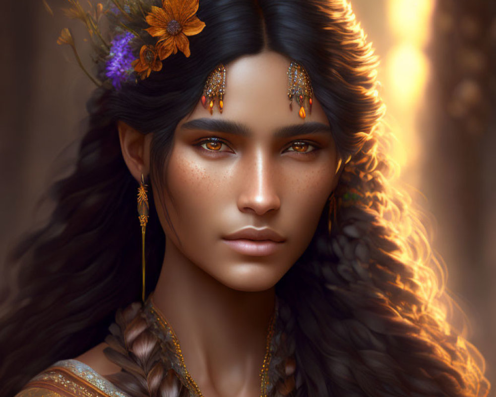 Portrait of woman with braided dark hair, adorned with flowers and gold jewelry