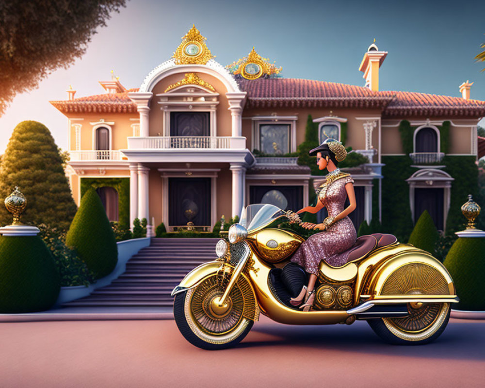 Elegant woman on golden motorcycle by opulent mansion at sunset