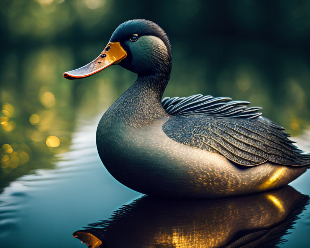 Iridescent duck with orange beak on calm water & green background