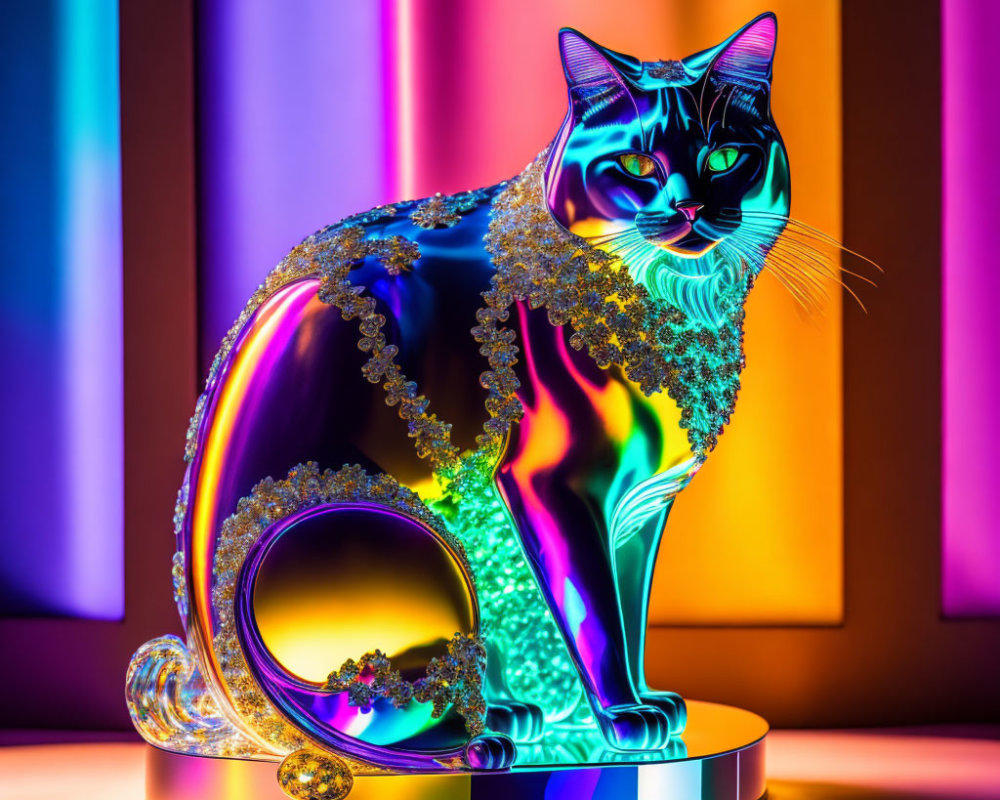 Iridescent Glass Cat Sculpture with Vibrant Light Strips