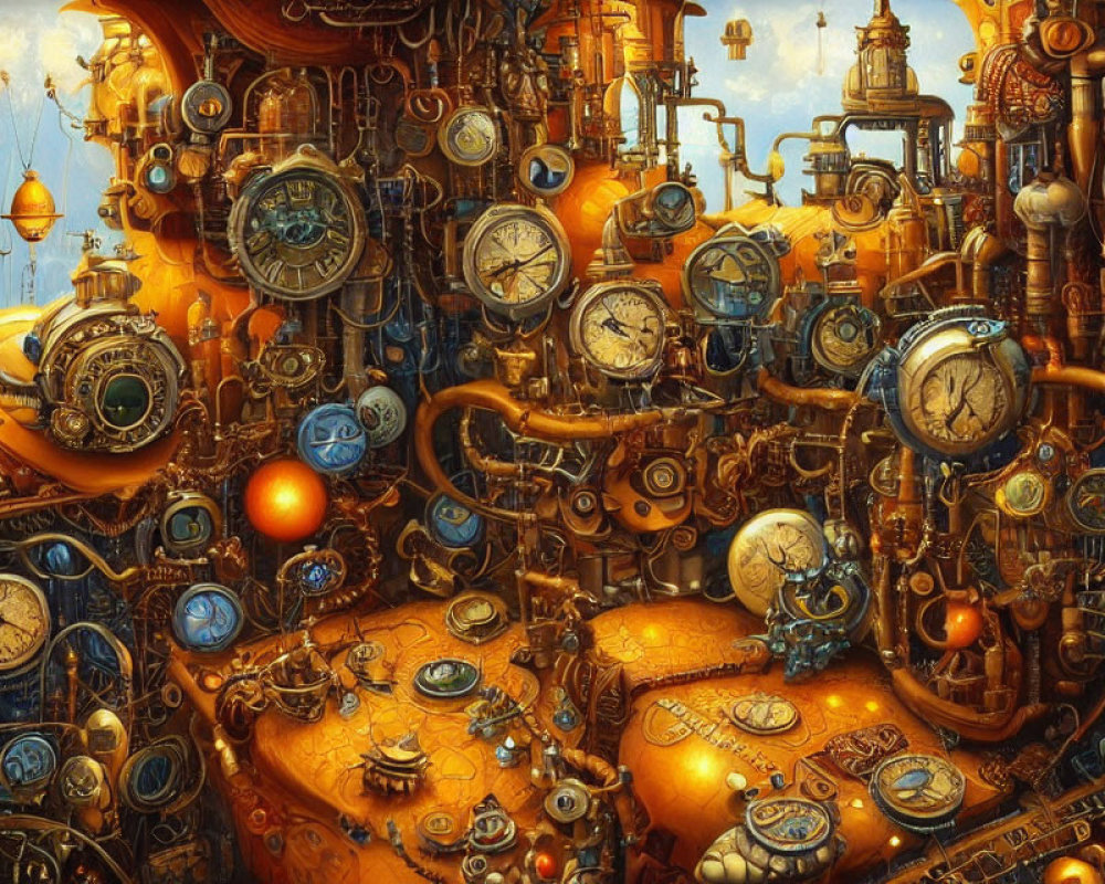 Detailed Steampunk Setting with Gears, Pipes, Clocks, and Spherical Elements