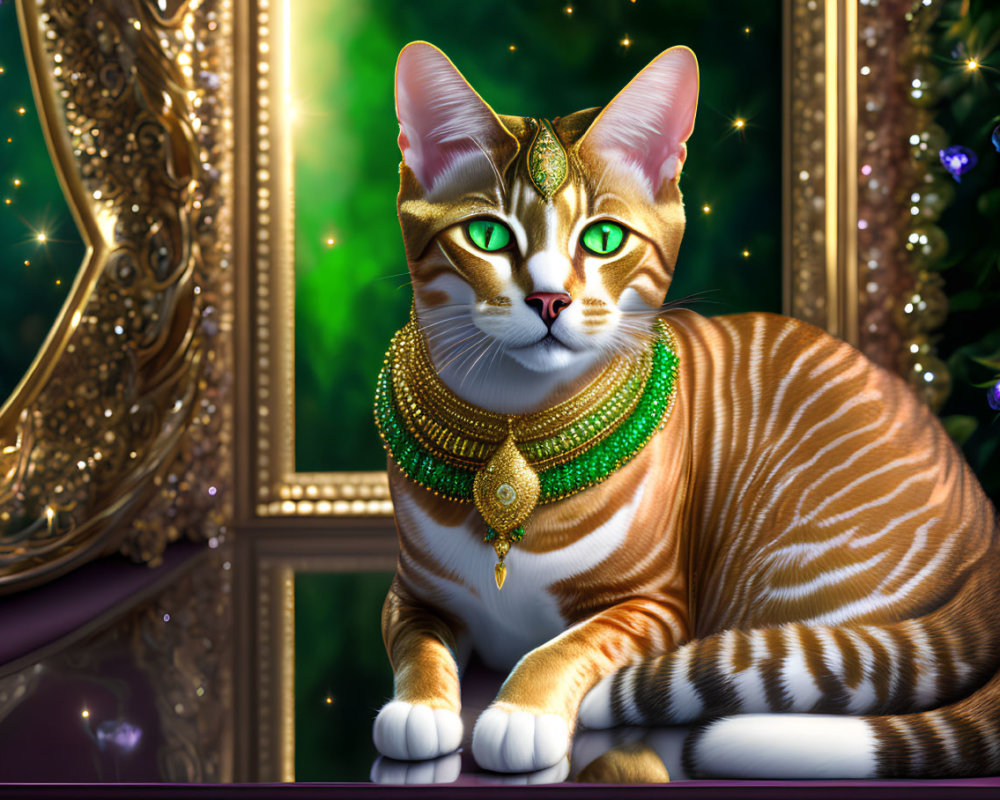 Adorned cat with jeweled headpiece and necklace in luxurious setting