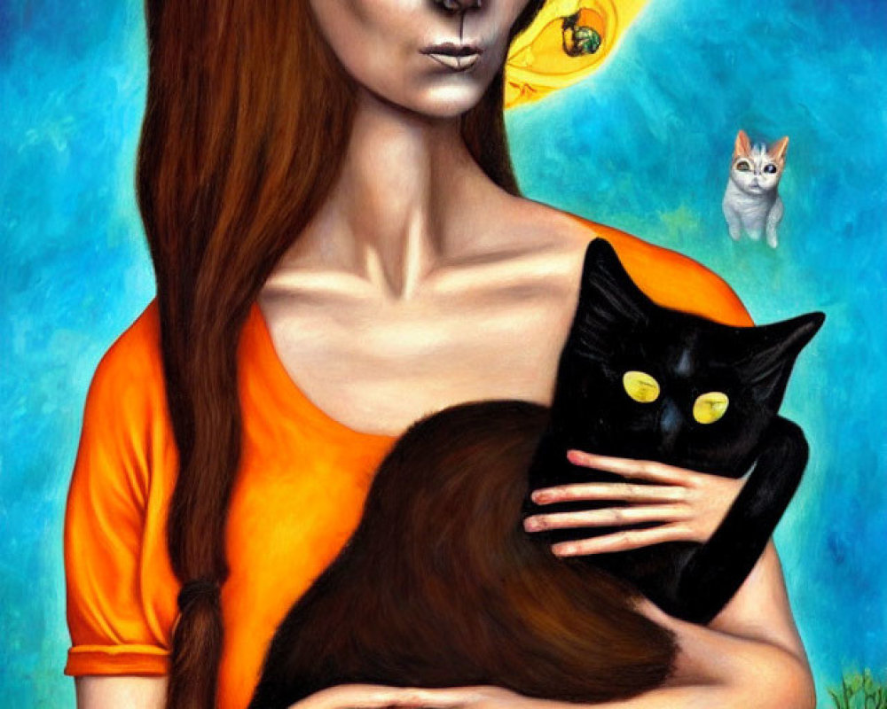Surreal portrait of woman with cat features and black cat in dream-like setting