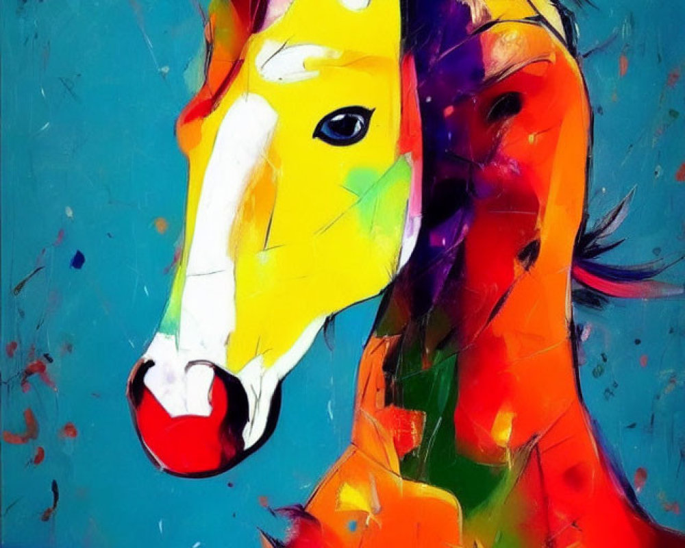 Vibrant abstract painting of a horse in blue, yellow, and red hues