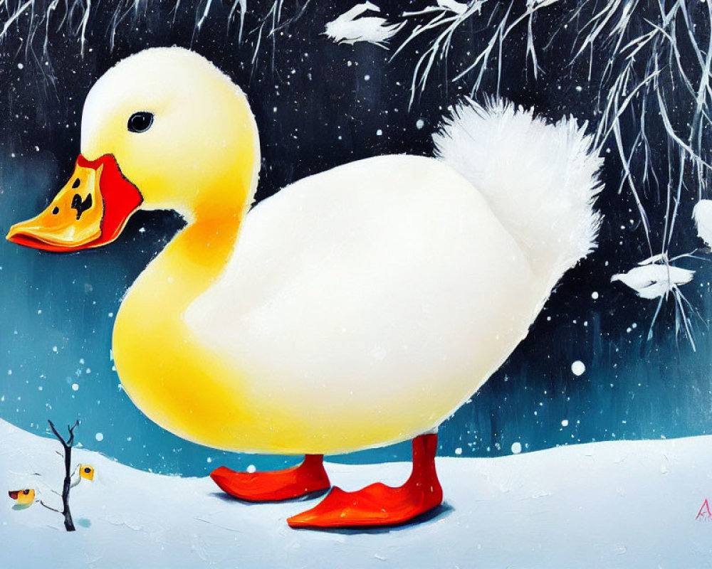 Whimsical painting of yellow duck in oversized orange boots in snowy landscape