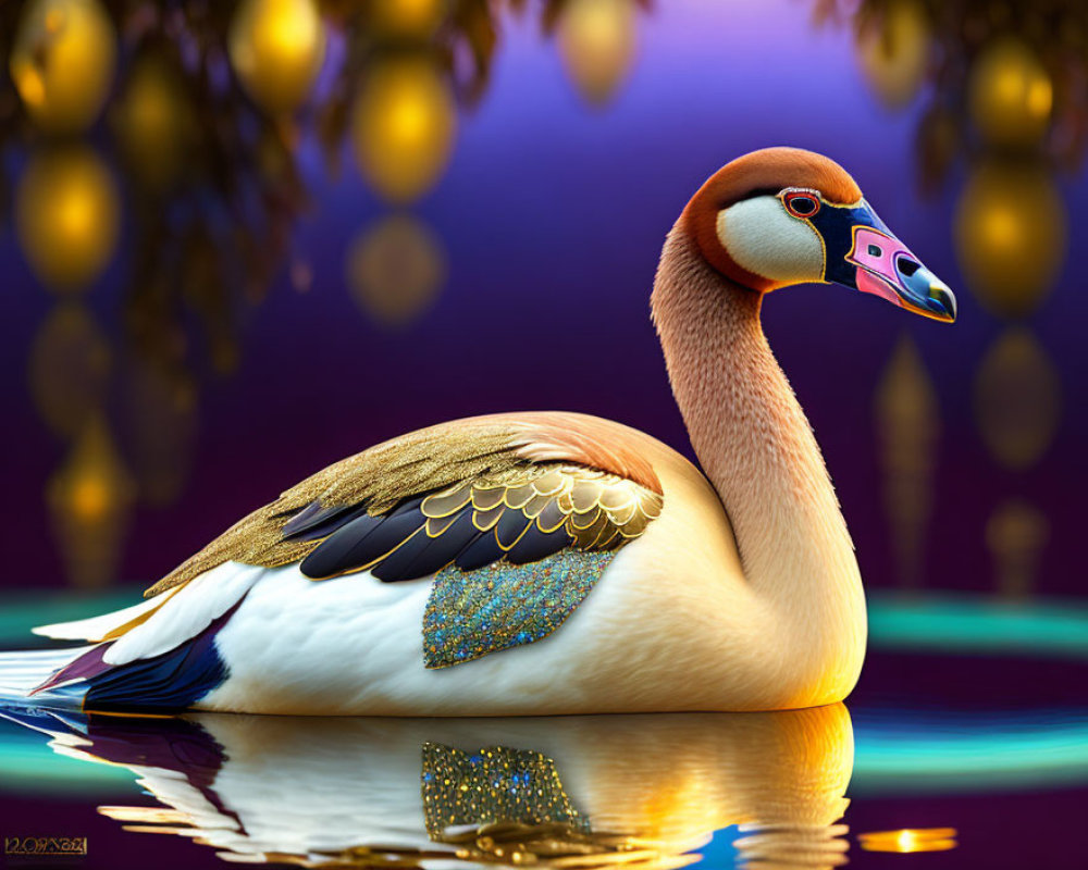Colorful Stylized Duck Artwork with Metallic Feathers on Reflective Water