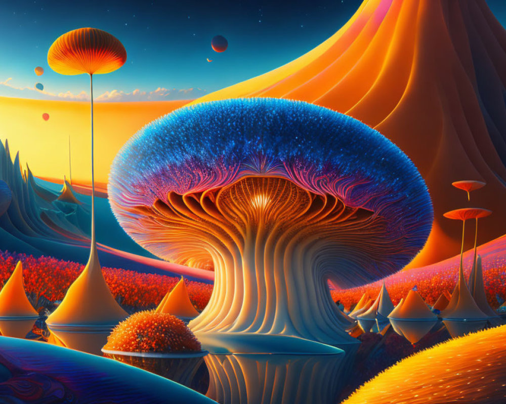 Colorful alien landscape with giant mushroom structures under a multi-moon sky