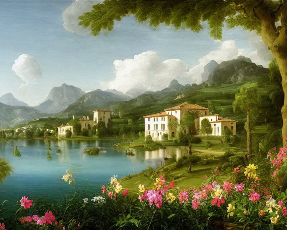 Tranquil lake, lush greenery, blooming flowers, charming villas, hills, and