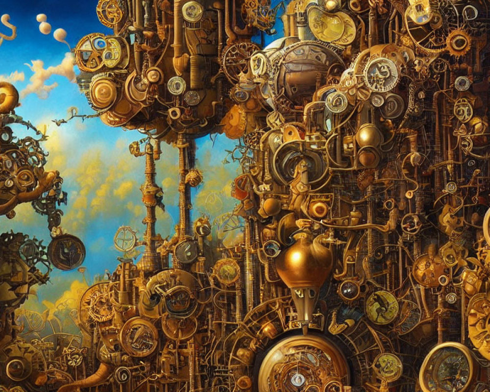 Steampunk cityscape with gears, pipes, and mechanical structures on blue sky.