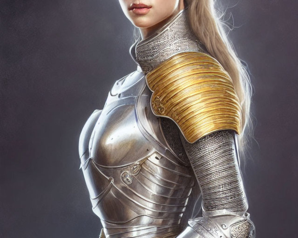 Fair-haired woman in shimmering medieval plate armor with golden pauldrons, gazing ahead.