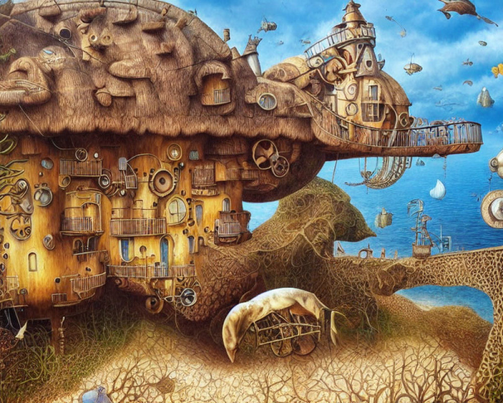 Steampunk treehouse with gear details and whimsical bridges