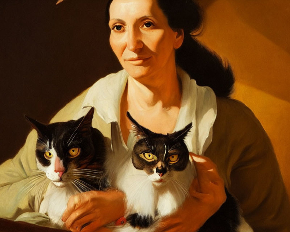Smiling woman holding two cats with distinctive markings