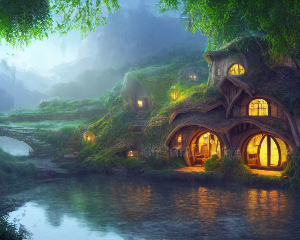Whimsical enchanted forest scene with glowing windows and stone bridge