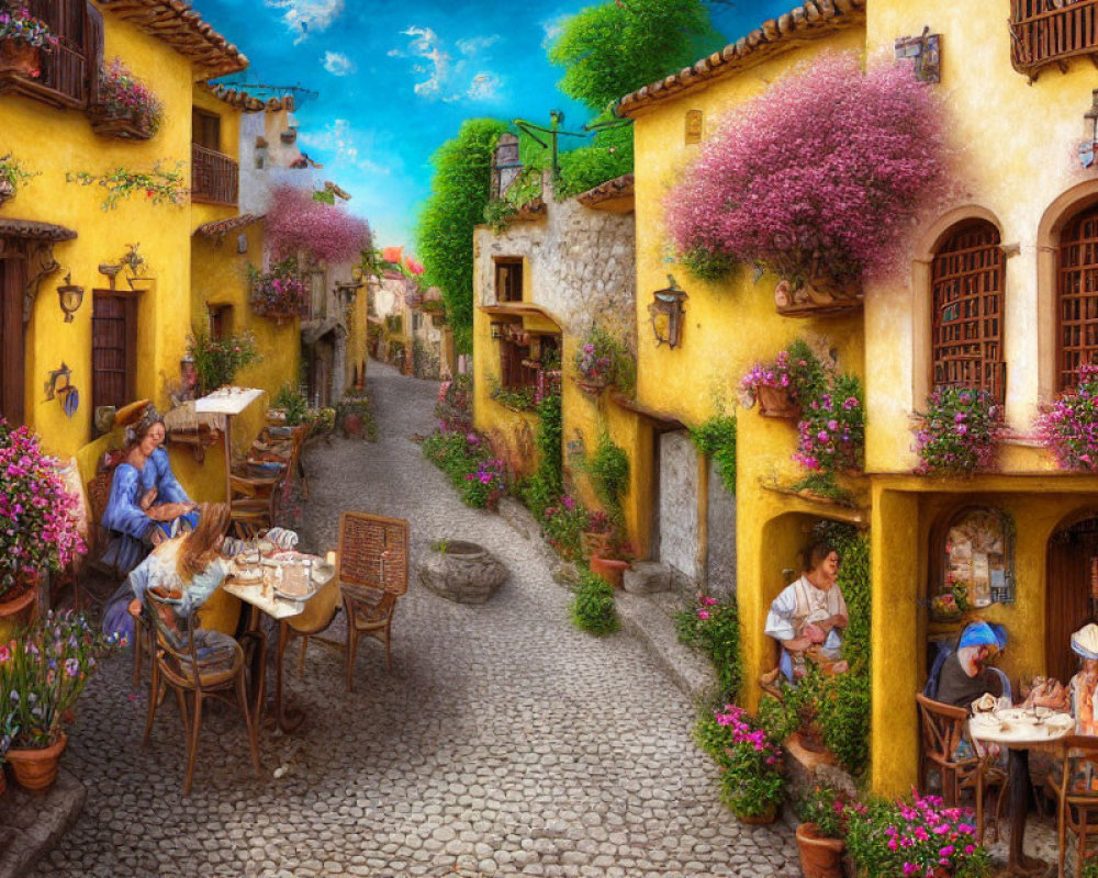 Vibrant Yellow Houses and Blooming Flowers in Cobblestone Alley