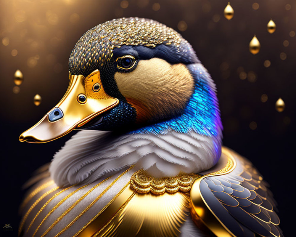 Stylized duck with iridescent feathers and golden tones
