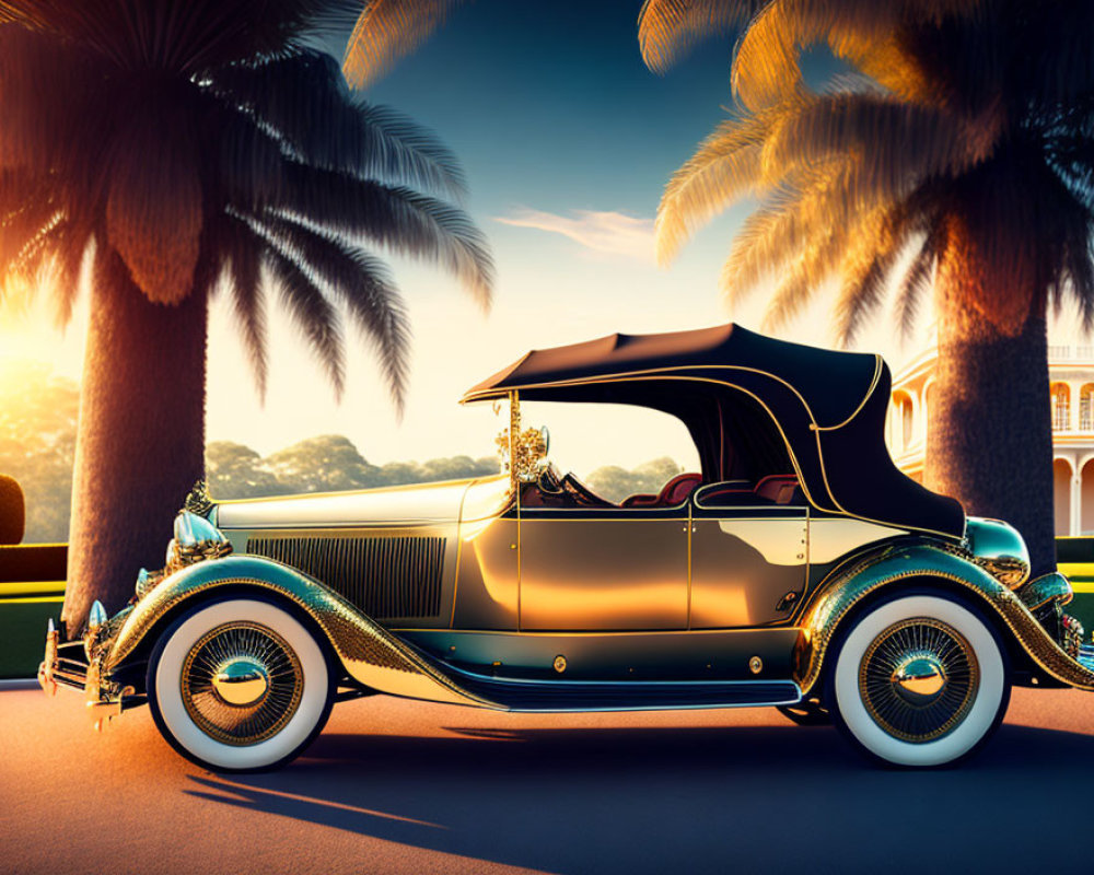 Classic Car Parked by Palm Trees at Sunset with Golden Light Reflecting, Luxurious Villa Background