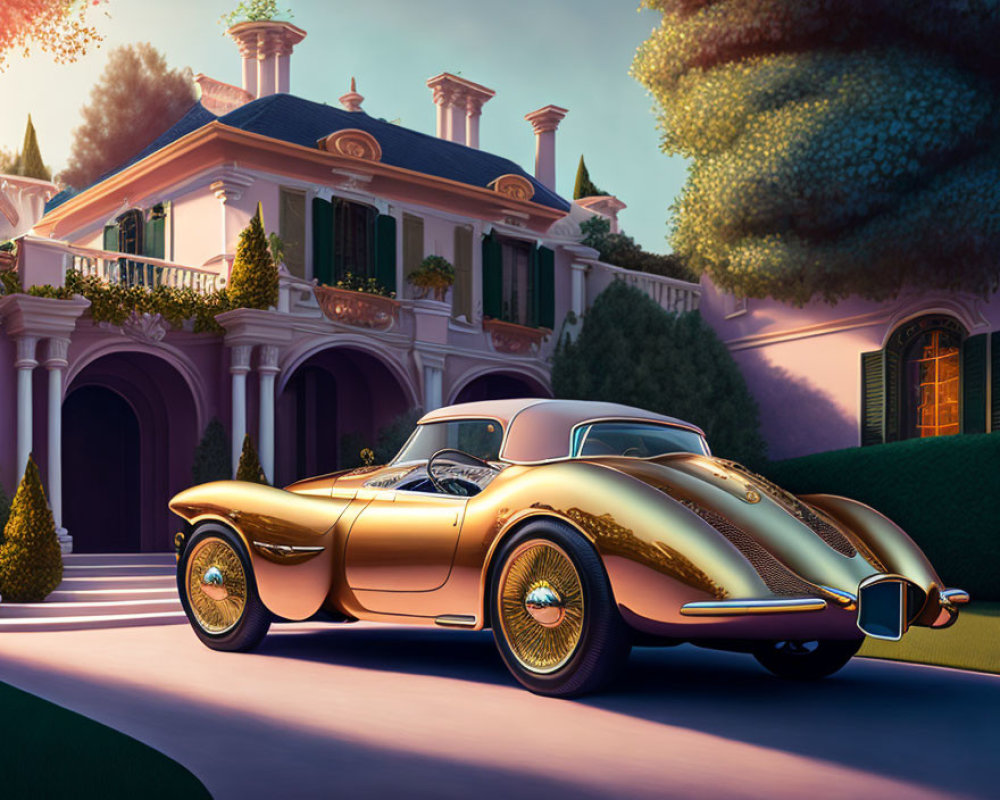 Luxury Car Parked in Front of Opulent Mansion at Sunset