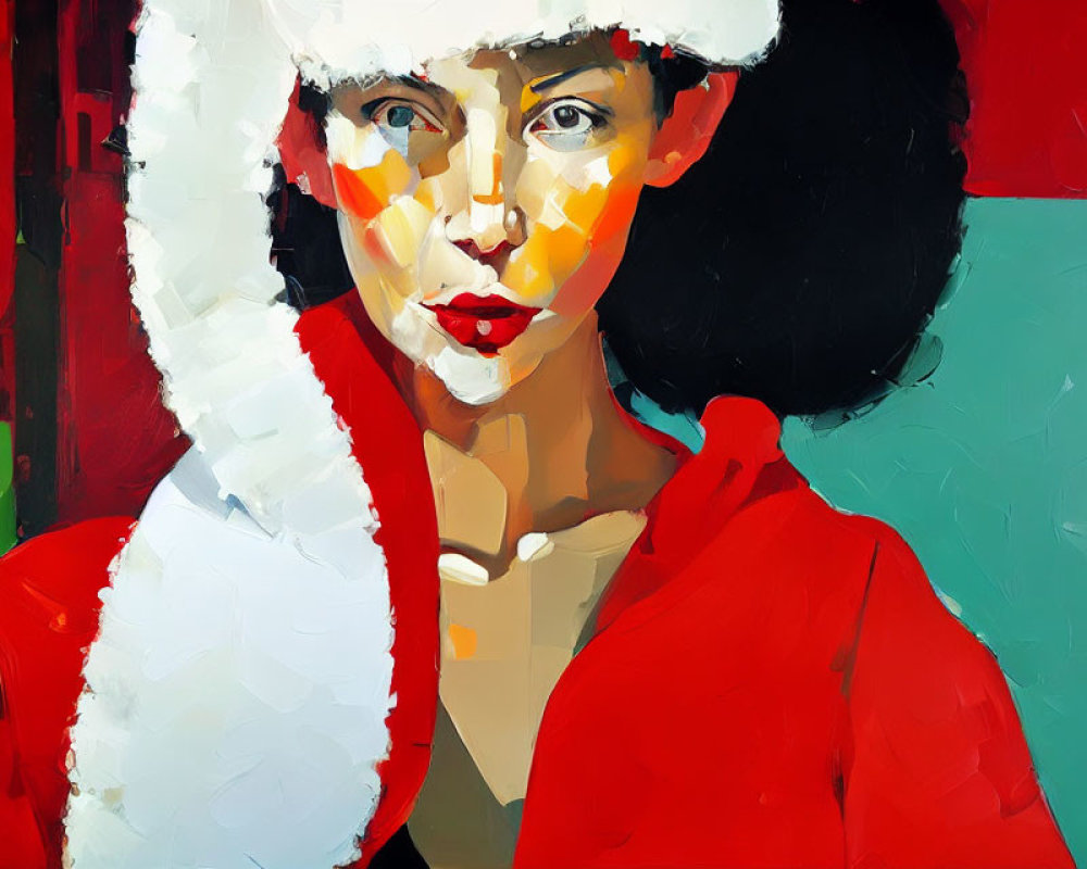 Vibrant woman portrait in Santa hat with bold color scheme