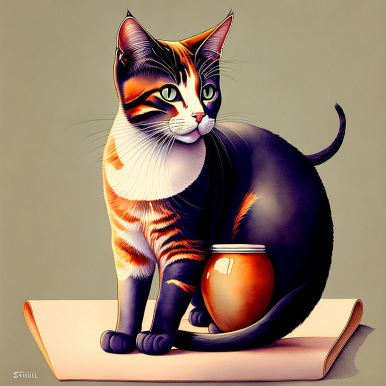 Colorful Cat Illustration Seated by Orange Pot