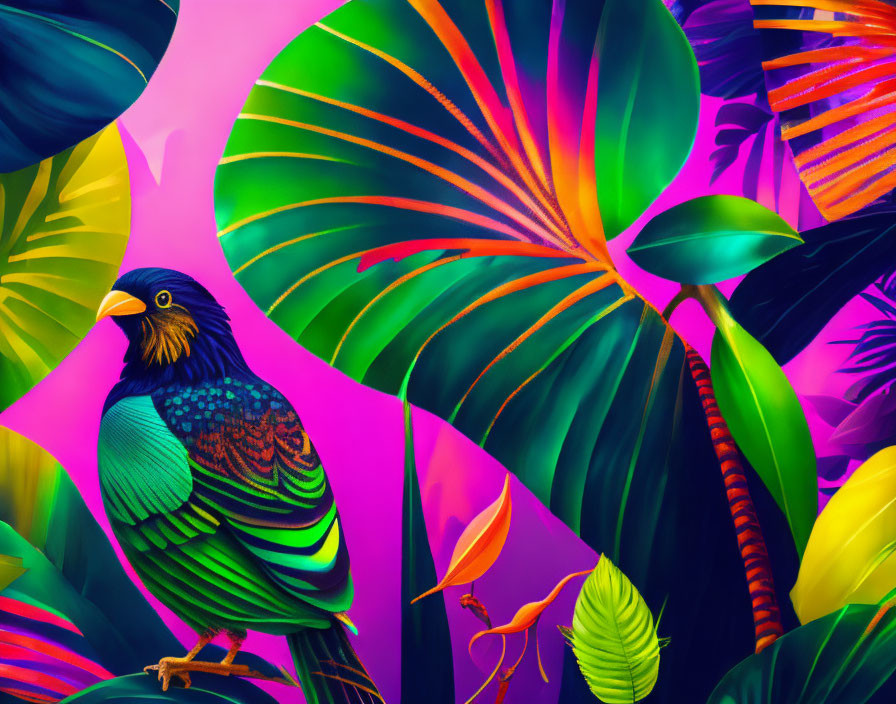 Colorful Bird Among Neon Tropical Foliage and Pink Background