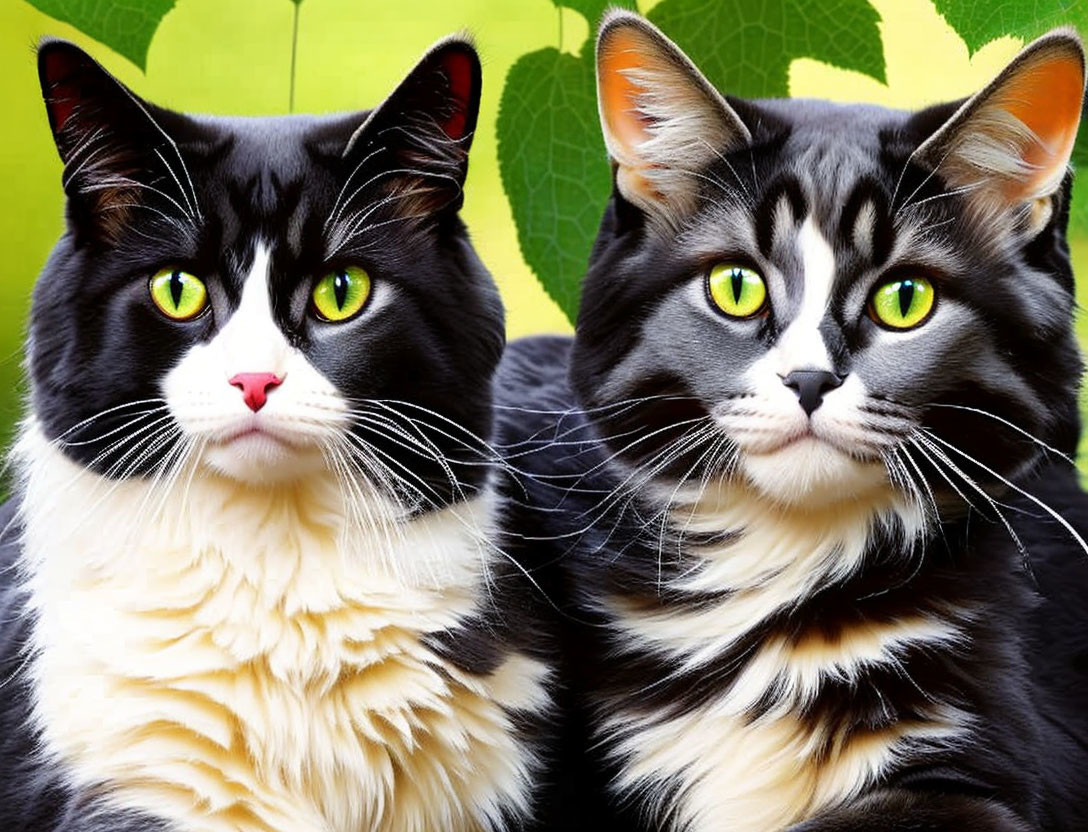 Fluffy Black and White Cats with Green Eyes on Leaf-Patterned Background