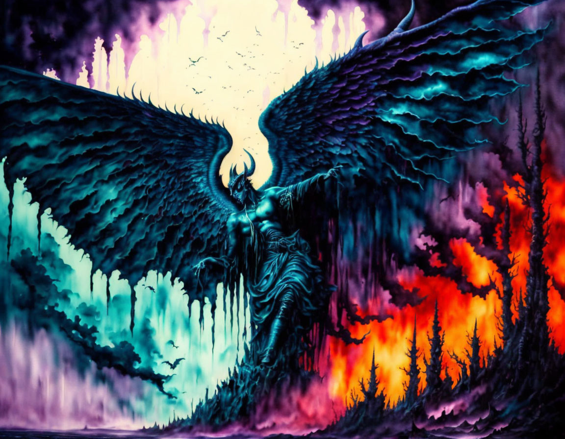 Colorful Artwork of Dark-Winged Angel in Flames and Mystical Energy