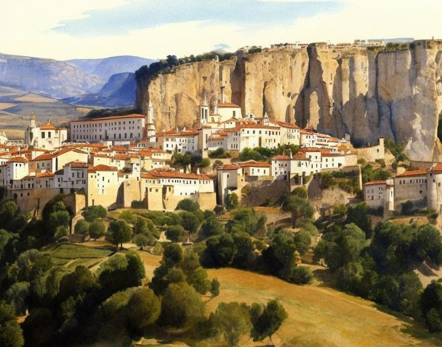 Traditional town on plateau with towering cliffs and lush greenery