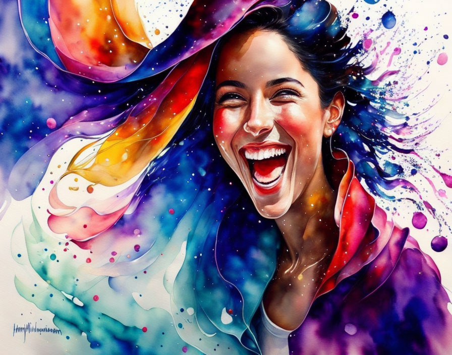 Colorful Watercolor Painting of Laughing Woman with Flowing Hair