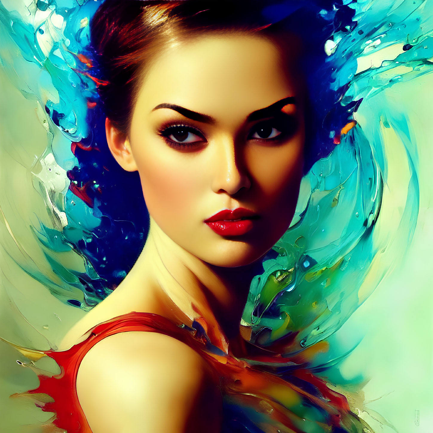 Vibrant blue and teal abstract digital artwork of a woman.