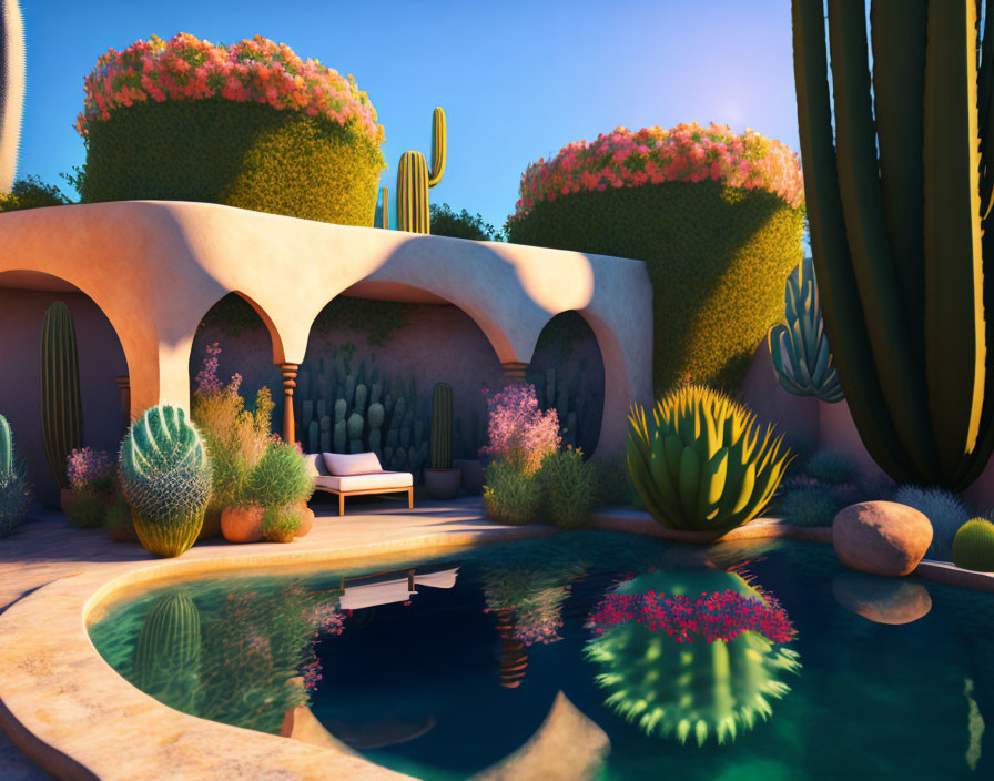 Tranquil desert oasis with adobe-style house, cacti, bushes, and pool at