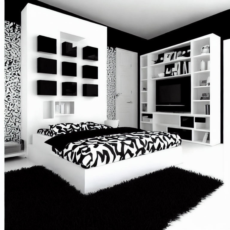 Monochrome Bedroom with Zebra-Print Bedding & Sleek Shelving