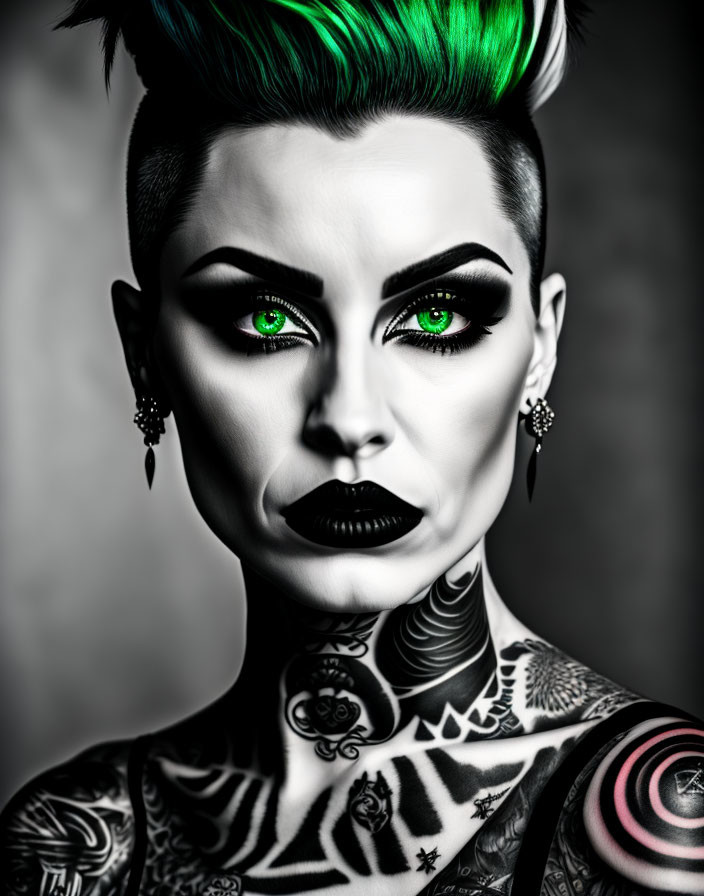 Colorful portrait of a person with green spiked hair, eyes, bold makeup, and tattoos on neck