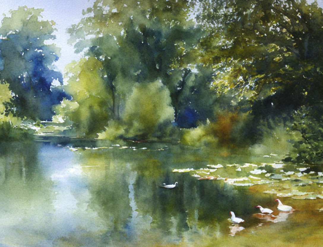 Tranquil watercolor painting of pond with ducks and lily pads