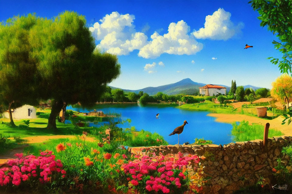Tranquil landscape with lake, trees, flowers, stork, and mountain under blue sky