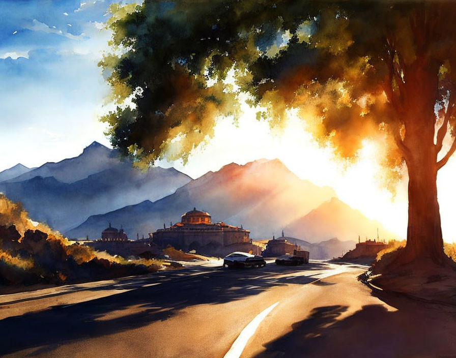 Scenic painting of winding road to sunlit mountain with golden building