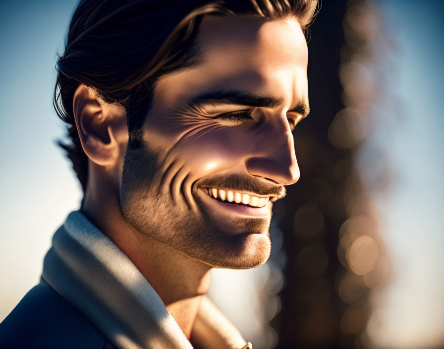 Bearded man in coat with warm smile against sunlit background