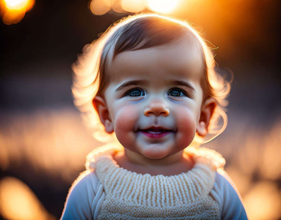 Smiling toddler illuminated by sunset glow