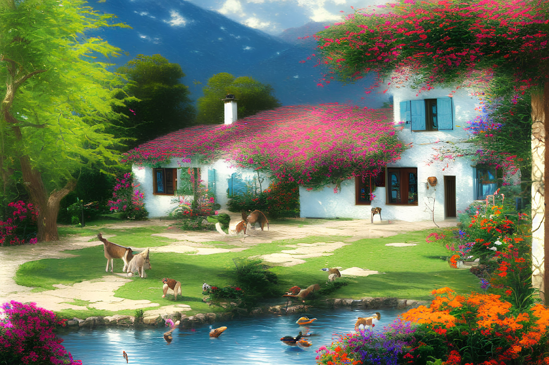 Scenic cottage with gardens, pond, ducks, and mountains