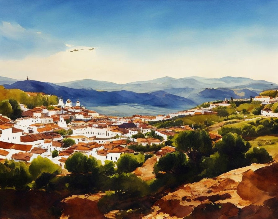 Scenic watercolor: Mediterranean village, white buildings, red roofs, blue bay, mountains.
