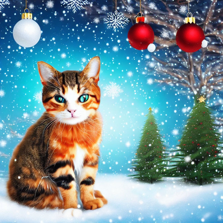 Calico Cat with Green Eyes in Snowy Christmas Scene