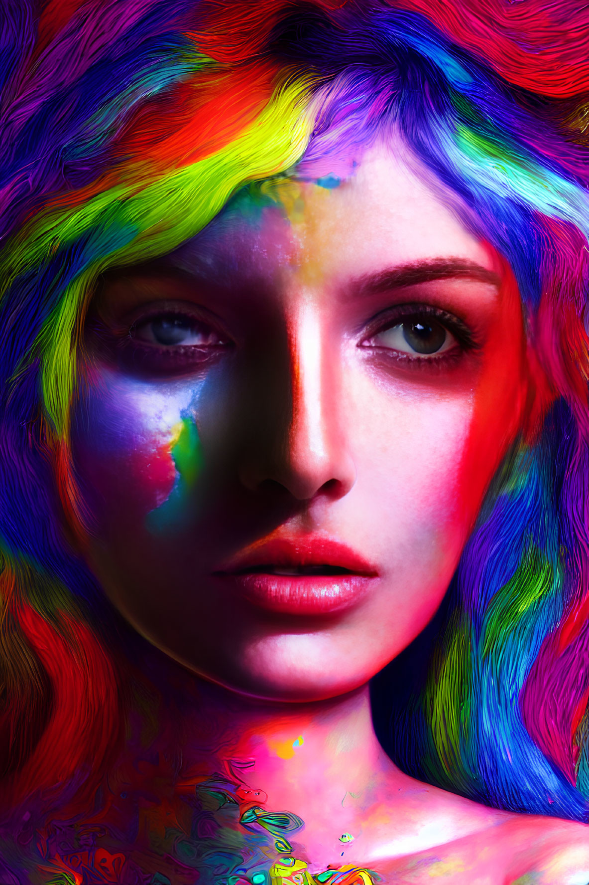 Colorful portrait of a woman with paint-covered hair and face