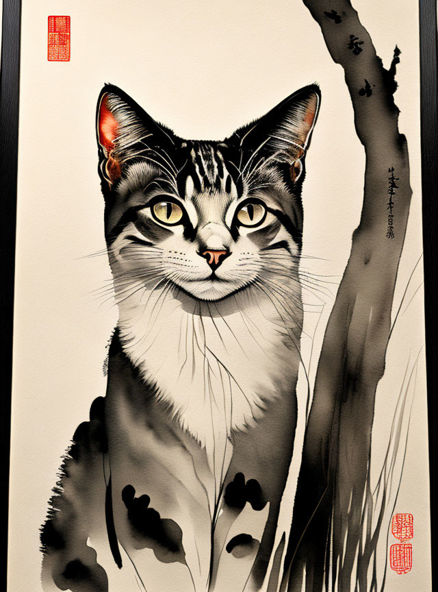 Illustrated poster: Traditional East Asian ink wash painting style with cat portrait, bamboo, and seal stamps