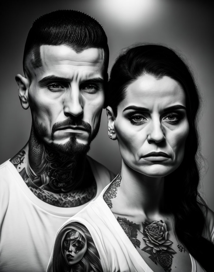 Monochrome portrait of stern tattooed man and woman with detailed ink on necks and arms.