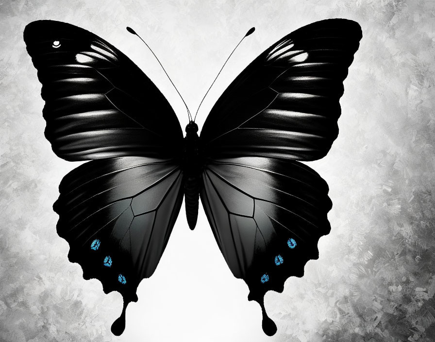 Black Butterfly with Blue Spots on Grey Background