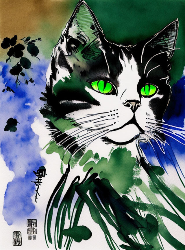 Vibrant cat artwork with green eyes, black ink, blue-green watercolor, and Asian seal