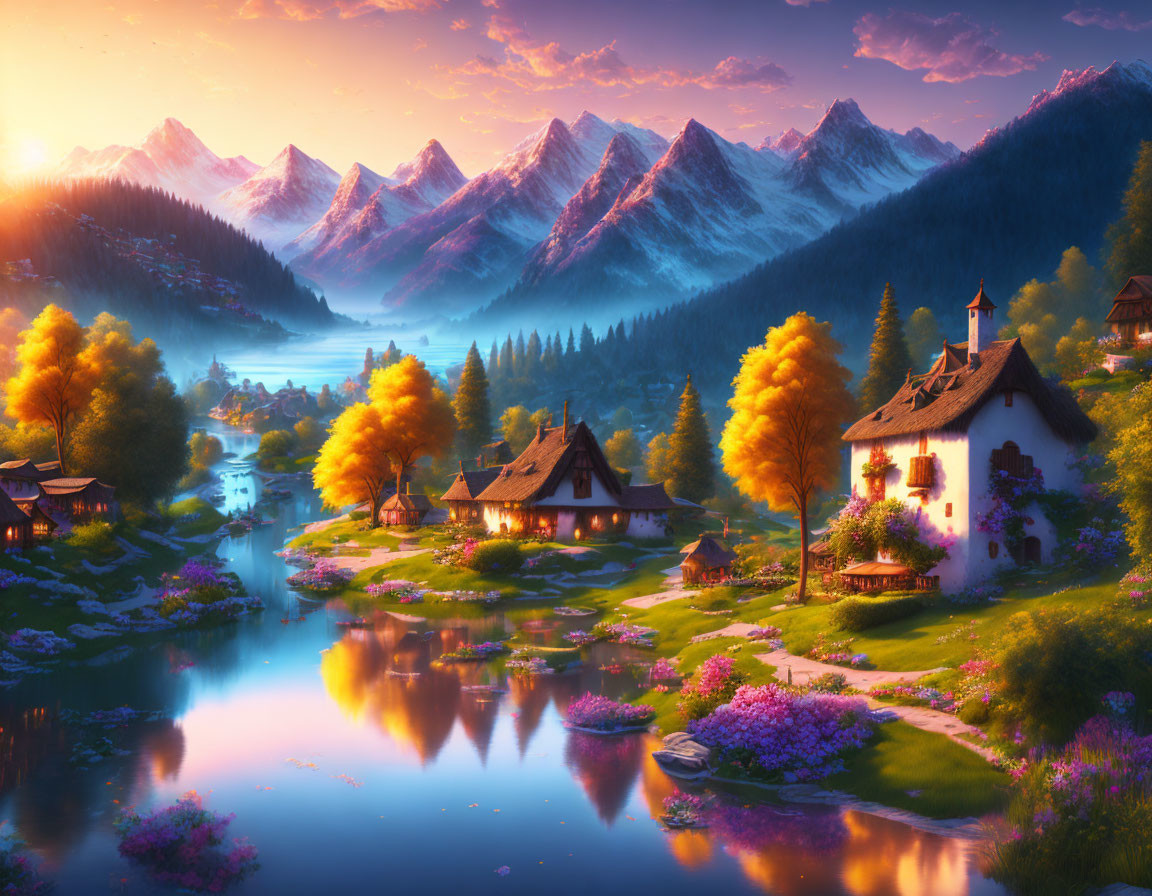 Tranquil Lakeside Village at Sunset with Autumn Trees and Snow-Capped Mountains