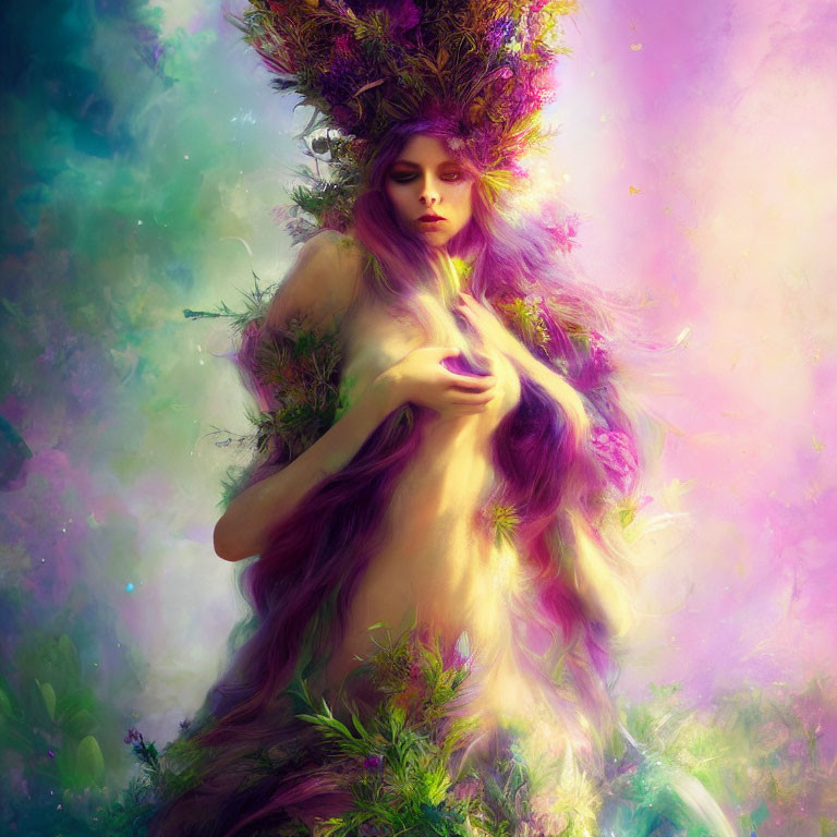 Mystical figure with long hair and plants in vibrant, colorful setting