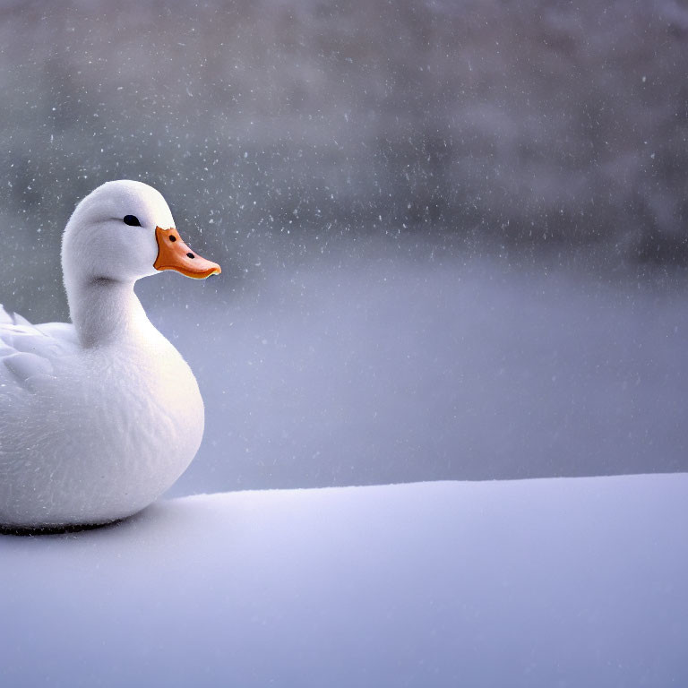 White Duck Resting on Snowy Surface with Falling Snowflakes